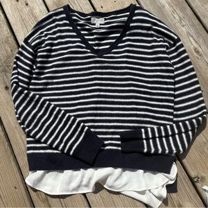 Striped V-Neck Sweater with Layered Hem - lucky brand